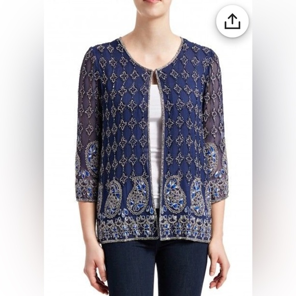 Calypso St. Barth Dapis Silk Embellished Blue Beaded Evening Jacket, Large - Picture 5 of 13